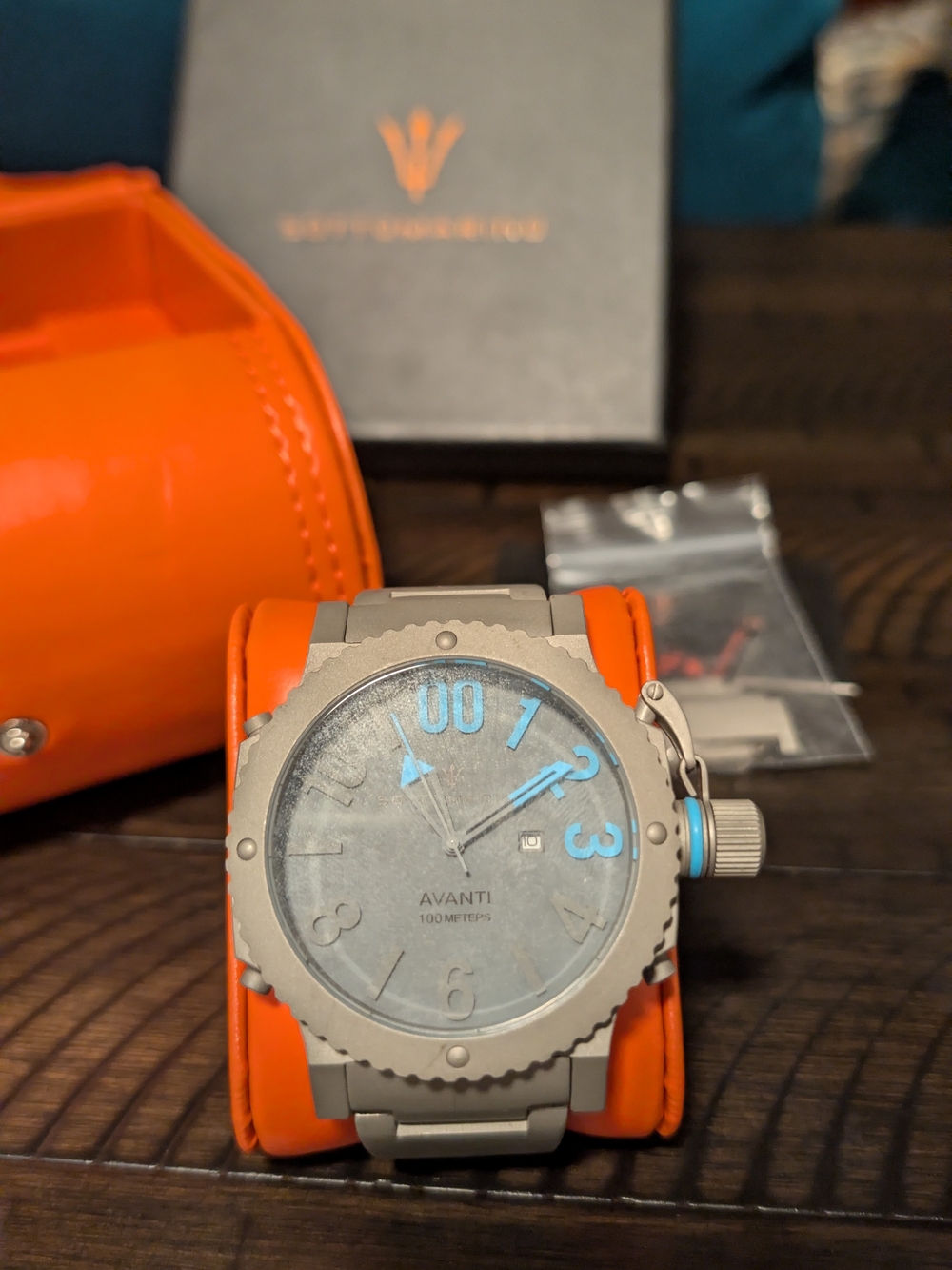 Avanti Men's Orange Strap Titanium-Tone Dive Watch with Blue Accents